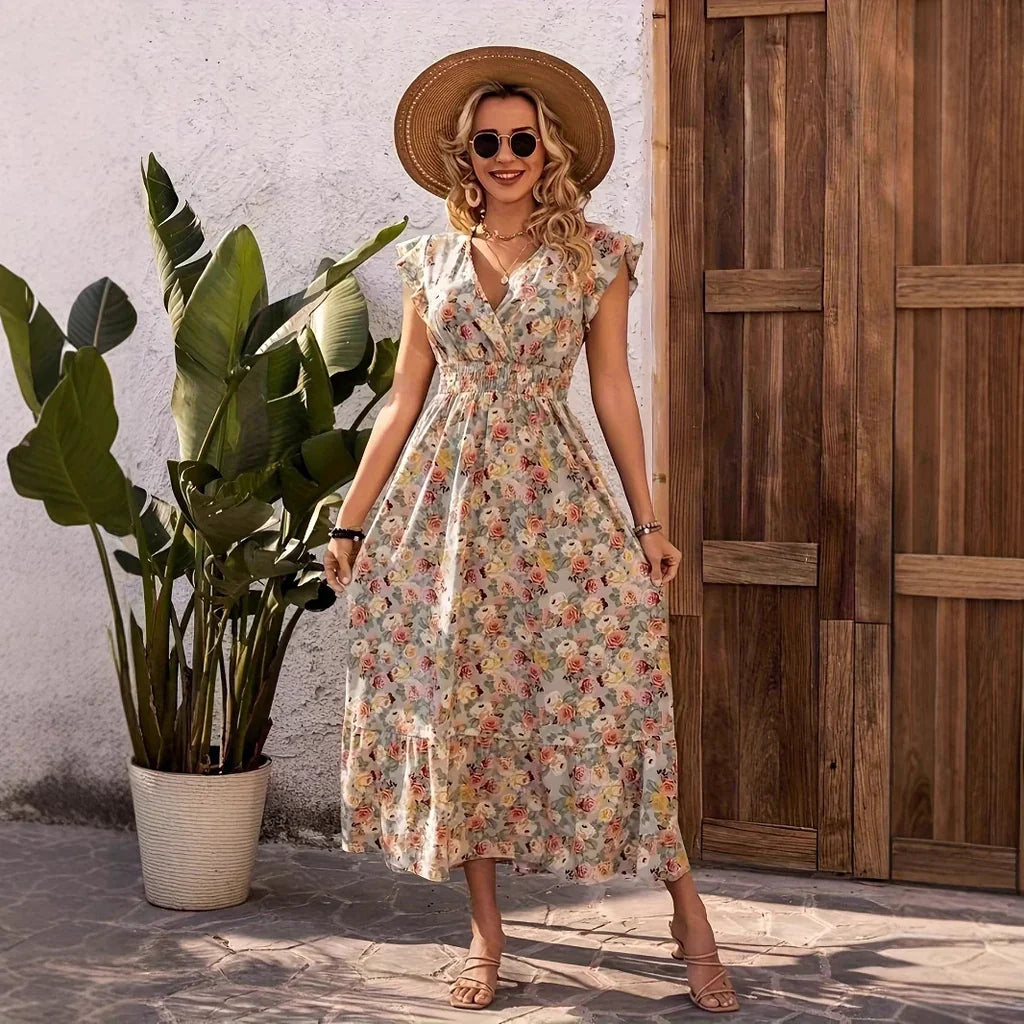 Robe longue femme – Coton léger – Imprimé fleuri – Volants – Manches papillon