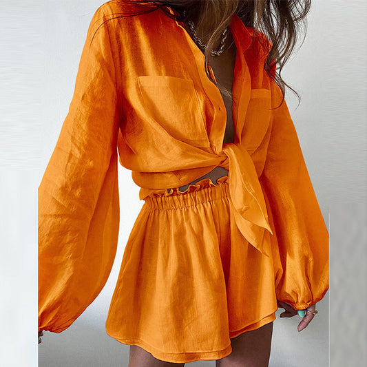 Ensemble Femme Deux Pièces – Blouse Nouée Manche Longue – Short Volant Taille Élastique