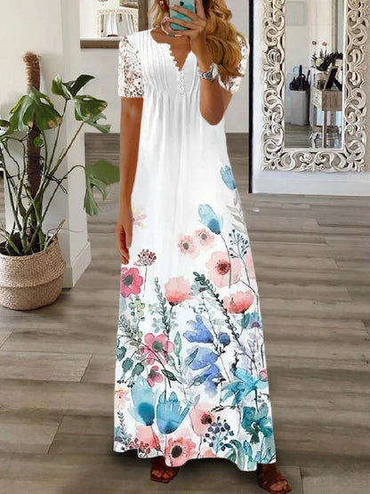 Robe longue femme – Coupe fluide – Manches courtes dentelle – Boutonnage élégant