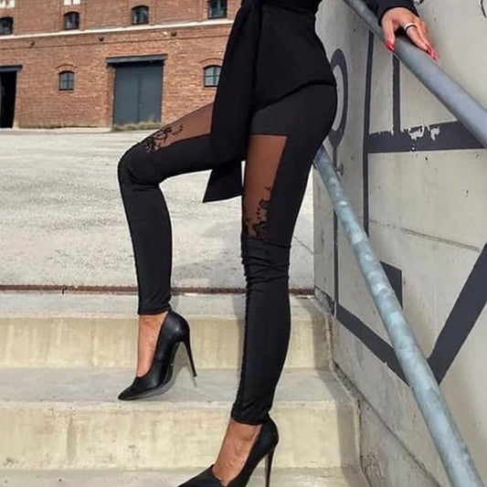 Femme Pantalon - Tissu Stretch - Coupe Slim - Inserts Dentelle Fleurie - Taille Haute