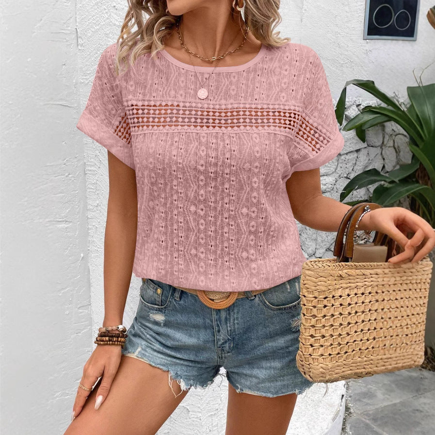 Carmela - T-shirt femme - Dentelle creuse - Col rond - Manches chauve-souris