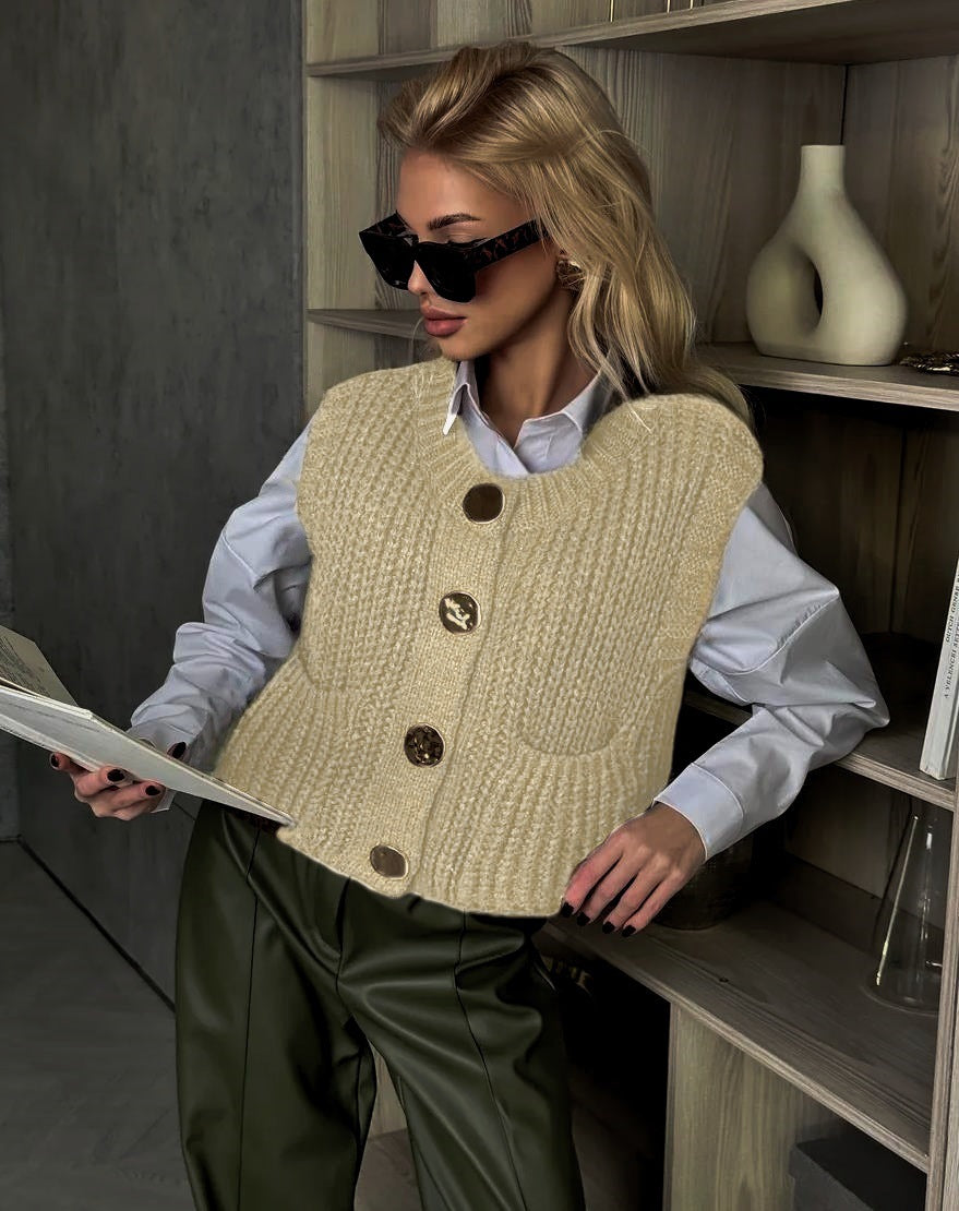 Gilet femme en maille – Coupe oversize – Boutonnage – Texture côtelée – Poches