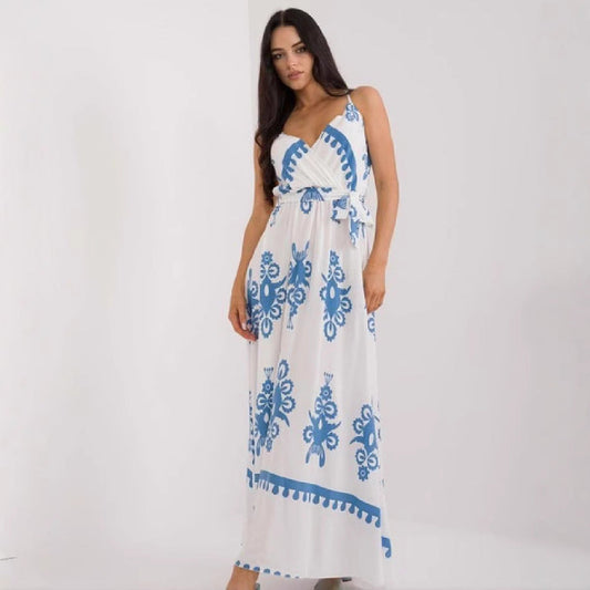 Robe longue femme – Coton léger – Sans manches – Col en V – Taille empire – Imprimée