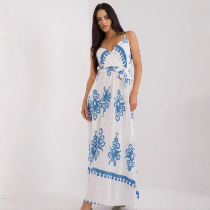 Robe longue femme – Coton léger – Sans manches – Col en V – Taille empire – Imprimée