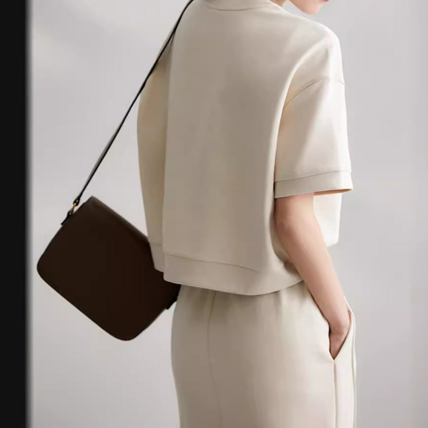 Ensemble Femme – Haut Manches Courtes Coupe Décontractée – Jupe Midi Fendue Coton Mélangé