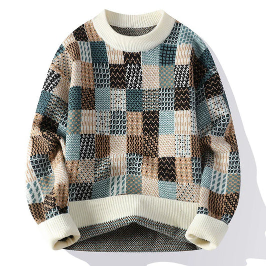 Homme Pull - Maille - Coupe Décontractée - Col Rond - Manches Longues - Motif Damier