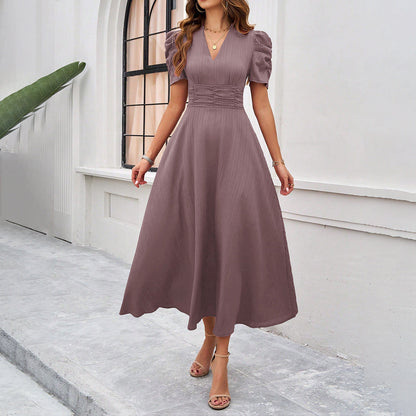Robe midi femme – Coupe évasée – Col en V – Manches bouffantes – Taille froncée