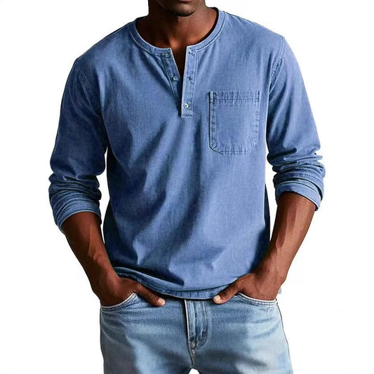 T-shirt manches longues homme – Coupe slim – Tissu respirant – Col boutonné avec poche