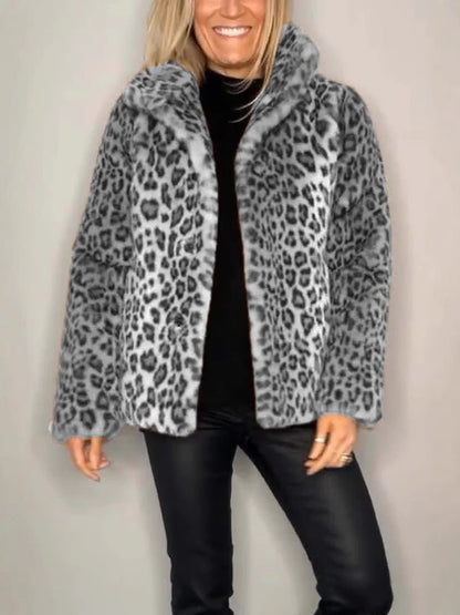 Manteau femme – Coupe oversize – Fausse fourrure – Col tailleur – Imprimé léopard