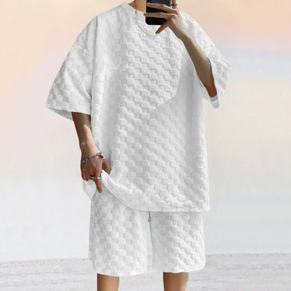 Ensemble décontracté homme – Maille jacquard – Coupe ample – Chemise et short droits