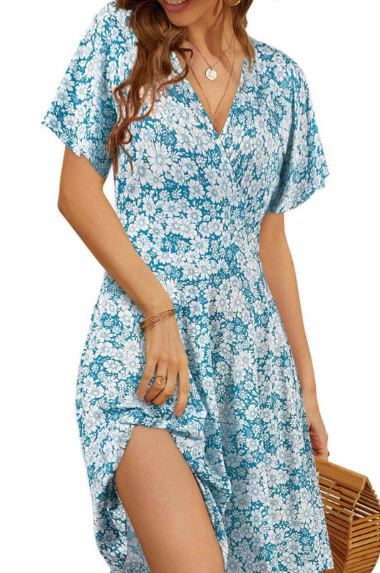 Robe fleurie pour femme - Col en V - Manches courtes - Coupe ajustée et évasée - Été