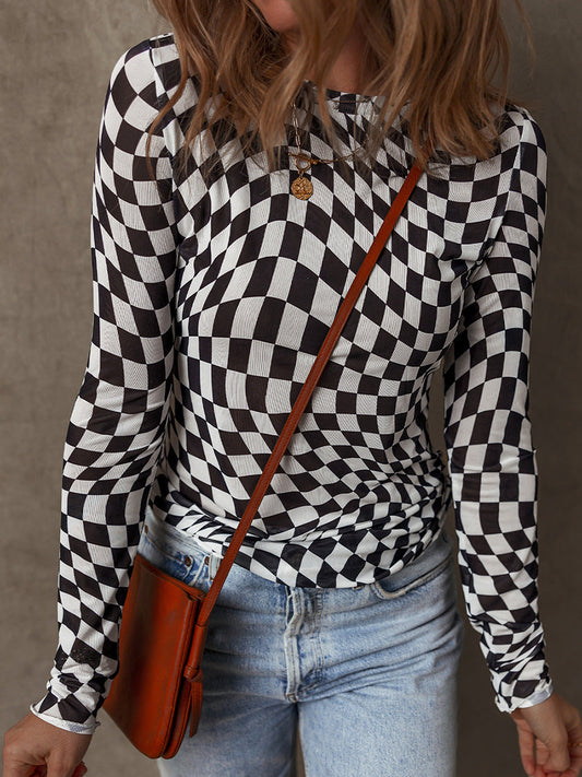 Top femme manches longues – Ajusté – Maille extensible – Col rond – Imprimé carreaux