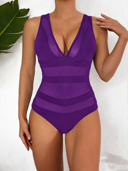 Maillot de bain femme une pièce – décolleté plongeant – inserts en mesh – coupe moulante