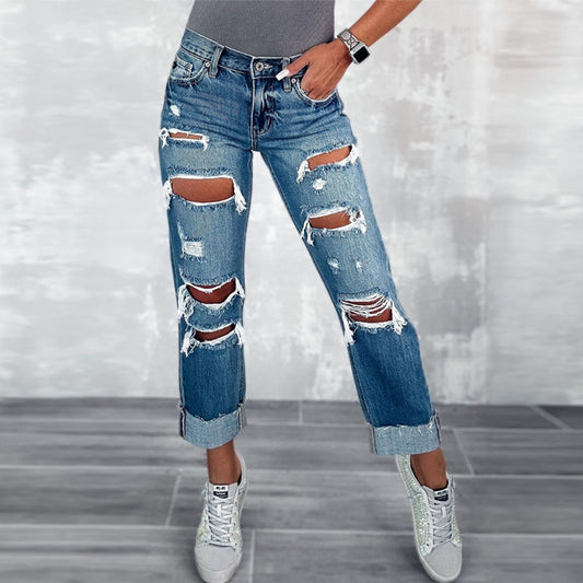 Jean boyfriend femme – Coupe décontractée – Effet usé – Ourlets roulottés – Tissu respirant