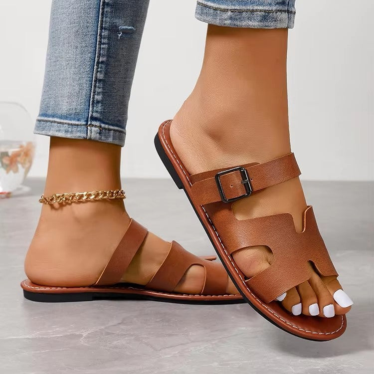 Sandales femme – Similicuir – Bout ouvert – Semelle plate – Bride réglable