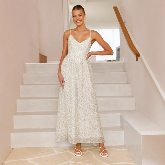 Robe longue femme – Coupe fluide – Bretelles fines – Décolleté en V – Nœud dos fleuri