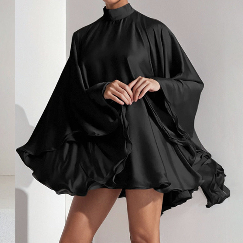 Robe courte femme – Coupe fluide – Col montant – Manches volantées élégantes