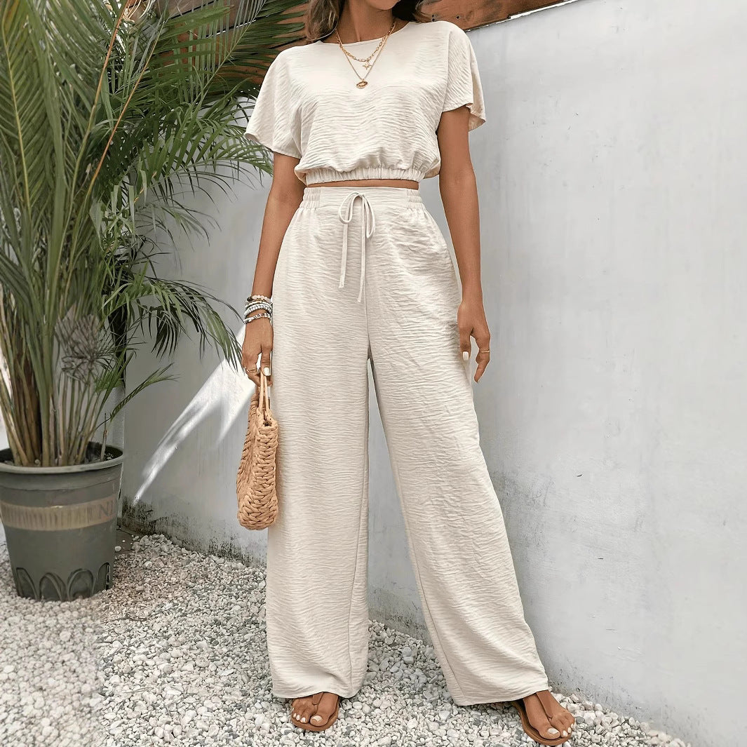 Ensemble Femme Deux Pièces – Haut Court Manches Chauve-Souris – Pantalon Large Cordon