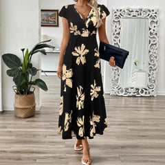 Robe longue femme – Coupe portefeuille élégante – Motif floral – Tissu respirant