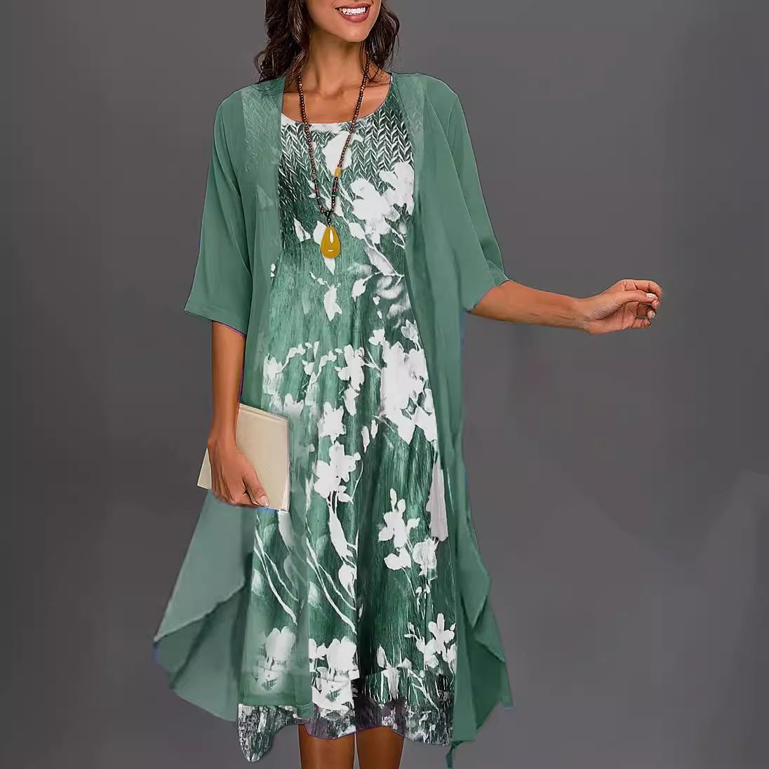 Robe Femme Ensemble Chiffon – Coupe Fluide – Imprimé Floral – Superposition Asymétrique