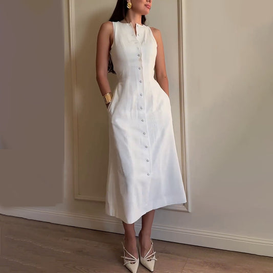 Robe mi-longue sans manches pour femme - Boutonnée sur le devant