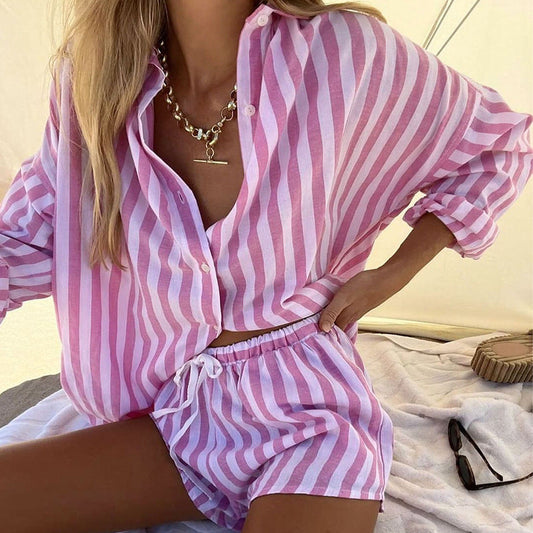 Ensemble Deux Pièces Femme – Chemise Ample Boutonnée et Short Détente à Rayures