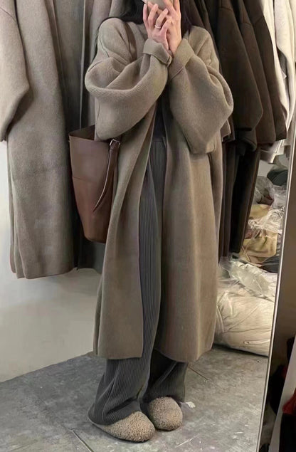 Manteau cardigan femme – Coupe oversize – Maille laine – Longueur cheville – Ouvert devant