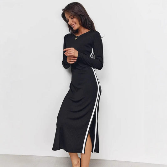 Robe longue femme – Maille côtelée – Coupe ajustée – Manches longues – Fente latérale