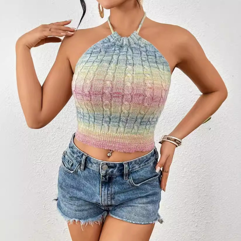 Top court dos-nu femme – Coupe slim – Maille torsadée – Ourlet côtelé