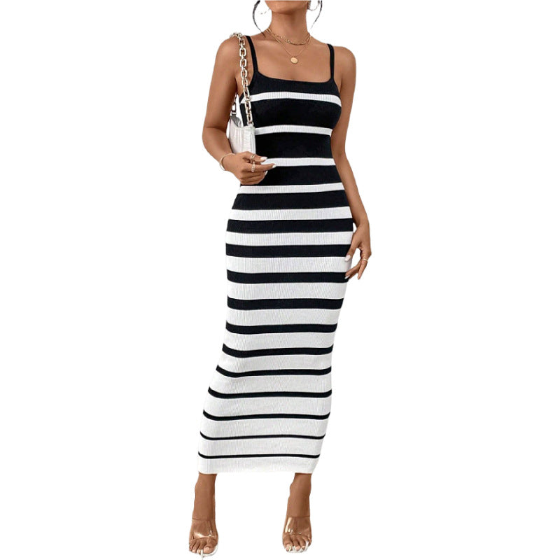 Robe Femme Bodycon – Coupe Ajustée – Maille Extensible – Bretelles Fines – Col Rond – Longueur Midi