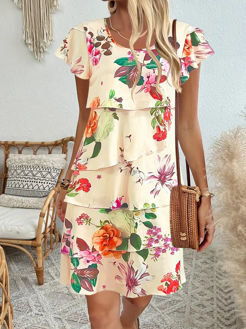 Robe midi femme – Coupe ample – Manches volantées – Imprimé – Style décontracté