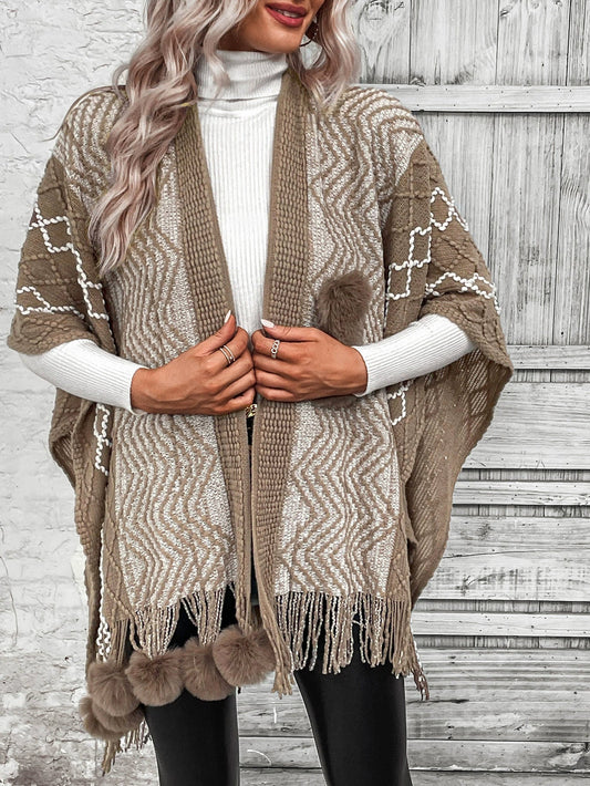Cardigan Cape Femme – Maille Laine – Coupe Oversize – Col V – Franges Boho