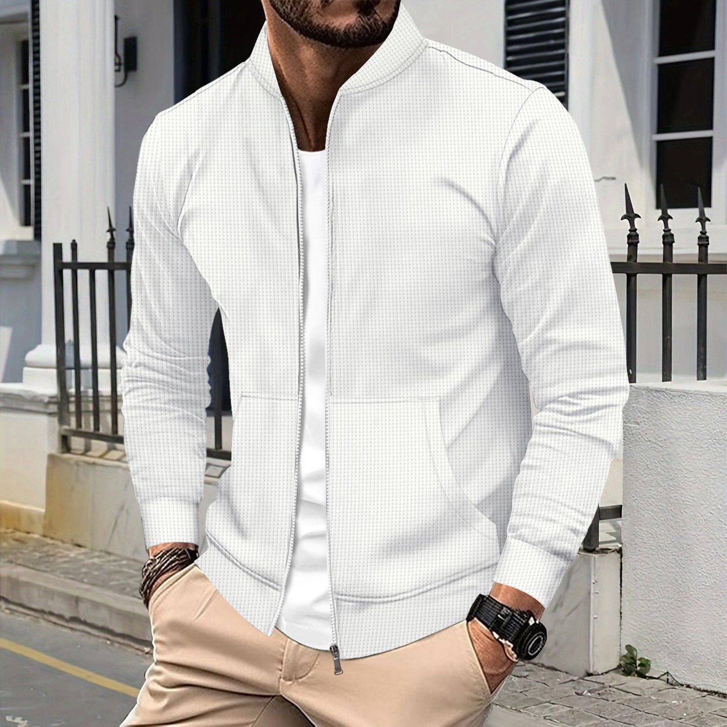 Veste zippée homme – Coupe athlétique – Tissu texturé – Ourlets côtelés – Poches devant