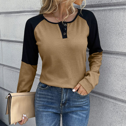 T-shirt manches longues femme – Coupe décontractée – Maille gaufrée – Col boutonné – Manches raglan