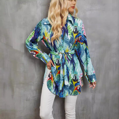 Chemise femme manches longues – Coupe décontractée – Imprimé tropical – Taille nouée