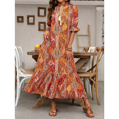 Robe midi femme – Coupe fluide – Imprimé bohème – Manches volantées – Col noué