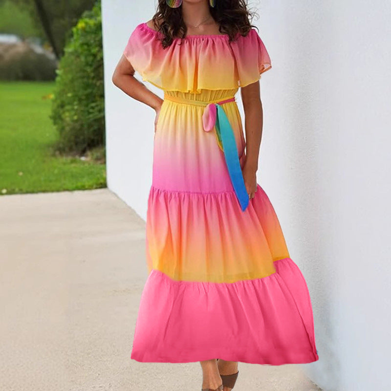 Robe Femme Courte – Décolleté Bardot Volanté – Taille Ceinturée – Tissu Respirant