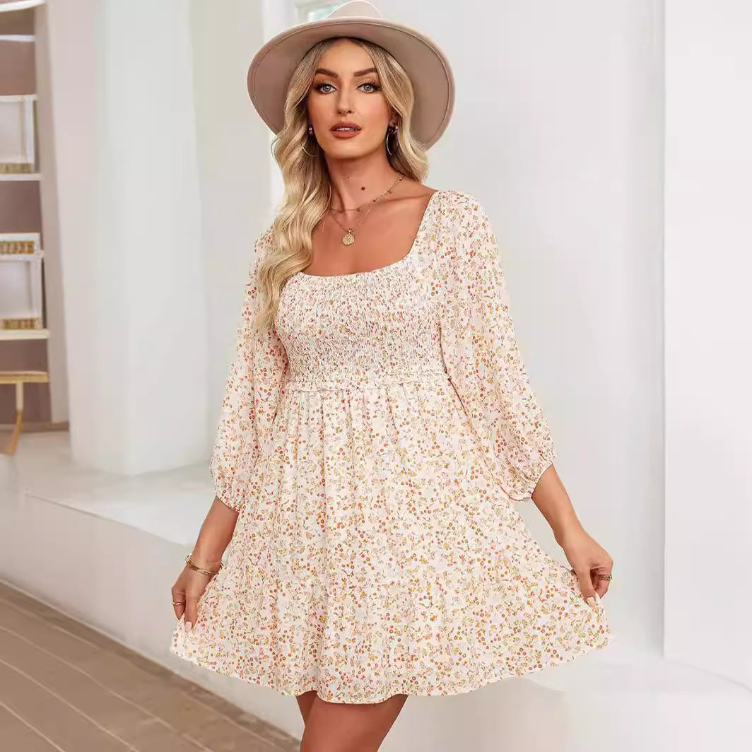 Robe femme évasée – Coton léger – Manches bouffantes – Col rond – Imprimé fleuri