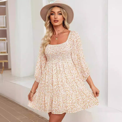 Robe femme évasée – Coton léger – Manches bouffantes – Col rond – Imprimé fleuri