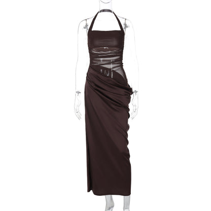 Robe longue femme – Bodycon – Col halter – Détails mesh – Style soirée élégant
