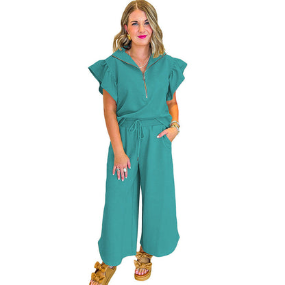 Ensemble Femme Décontracté – Haut Zip Volants Col Chemise – Pantalon Large Cordon