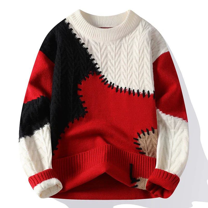 Homme Pull - Maille Multi-textures - Coupe ample - Col rond côtelé