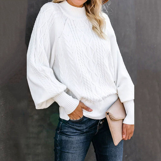 Pull Femme – Col Cheminée – Maille Torsadée – Coupe Ample – Manches Longues