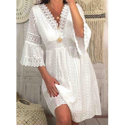 Robe femme élégante – Dentelle ajourée – Manches évasées – Coupe évasée – Mi-longue