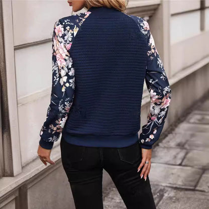 Veste femme casual – Coupe régulière – Corps matelassé – Manches imprimées – Zip frontal