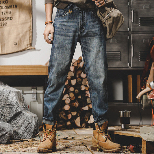 Jean homme – Coupe décontractée – Jambe droite – Denim usé – Style casual durable