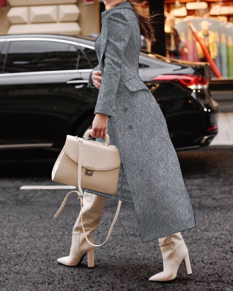 Manteau Long Femme - Coupe Cintrée - Tissu Effet Laine - Col élégant