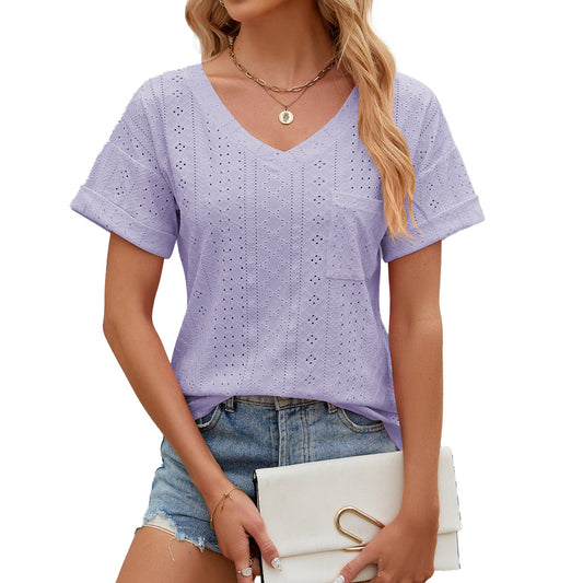 T-shirt femme – Coupe décontractée – V-neck – Motif ajouré – Manches courtes