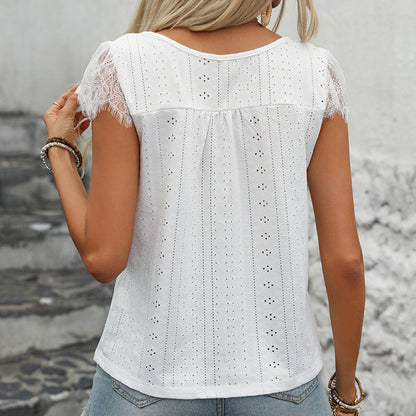 Top Femme Col V – Coupe Décontractée – Dentelle – Manches Courtes – Tissu Brodé