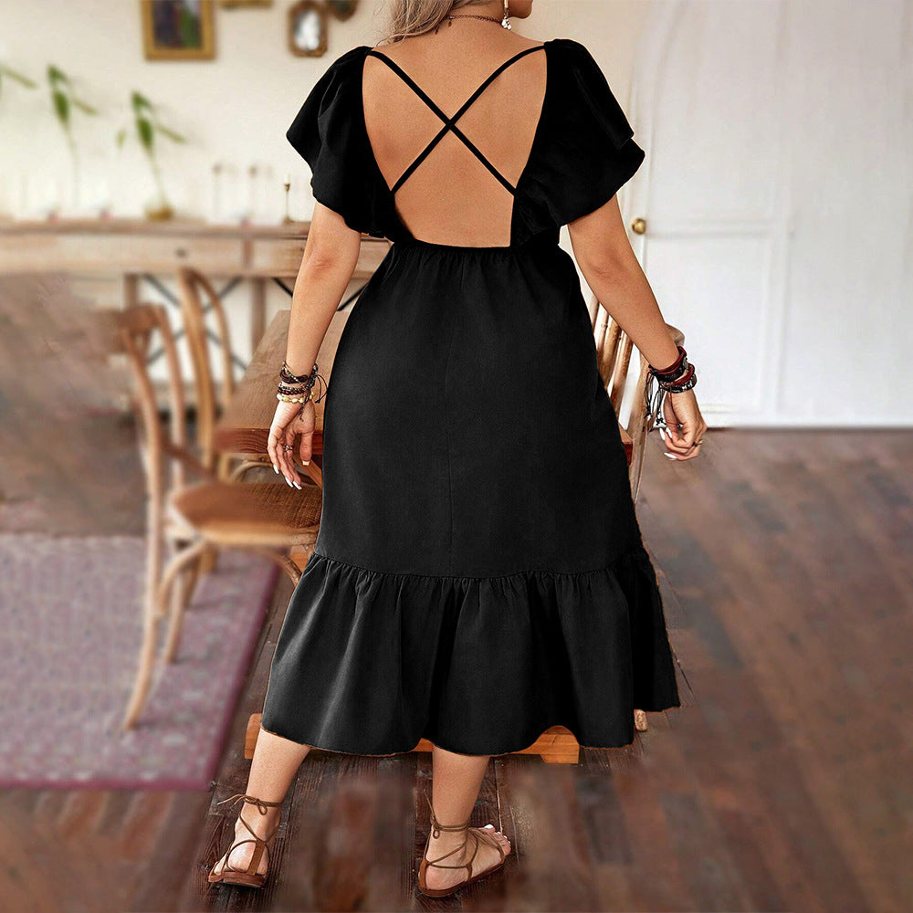 Robe longue femme – Décolleté en V – Manches courtes bouffantes – Coupe évasée – Tissu fluide coton – Ourlet volanté